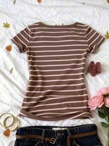 Camiseta de manga corta con cuello en V y estampado digital a rayas, regalo para amigos - Multicolor 13 - Ver 2