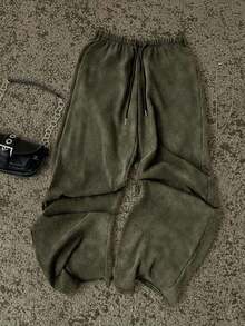 Pantalones de chándal de pierna recta y cintura baja para mujer, apropiados para el verano, con efecto lavado - Verde militar - Ver 1