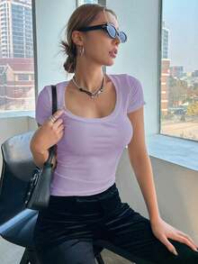 Camiseta casual de verano para mujer de ajuste ceñido con cuello redondo y mangas cortas en unicolor - Lila Púrpura - Ver 5