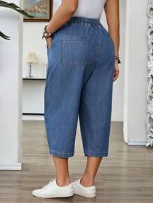 Mature Denim Pantalones capri casuales de mezclilla holgados con bolsillos y atar a la cintura para mujer de talla grande - Azul - Ver 2