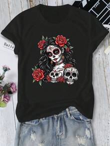 Blusa casual para mujer con una figura femenina con maquillaje del Día de Muertos en la cara y rosas rojas en el cabello, junto con un pequeño estampado de calavera. Camiseta de manga corta con cuello redondo, adecuada para primavera, verano, otoño e invierno. Un top versátil y de estilo retro-casual para uso diario, trabajo o vacaciones. Disponible en múltiples colores, tallas S-XXL. - Albaricoque - Ver 7