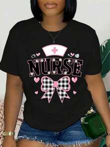 [Durable Print, Nurse Shirt] Women's Plus Size Graphic Nurse Shirt, Durable Print, Casual And Sporty, Black With Pink Daisy Design And Nurse Cap, Short Sleeve, Round Neck, Polyester, Machine Washable, Breathable And Comfortable. - 黑色 - 查看 6
