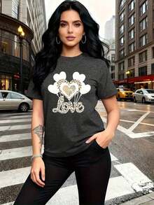 La salvajedad y la delicadeza coexisten, camiseta de mujer de manga corta con estampado de globos en forma de corazón en negro y estampado de leopardo, de moda, cuello redondo simple, casual y versátil, adecuada para viajes de ocio y otras actividades 13419 Transpirable y cómoda. - Figura predeterminada 3 - Ver 12