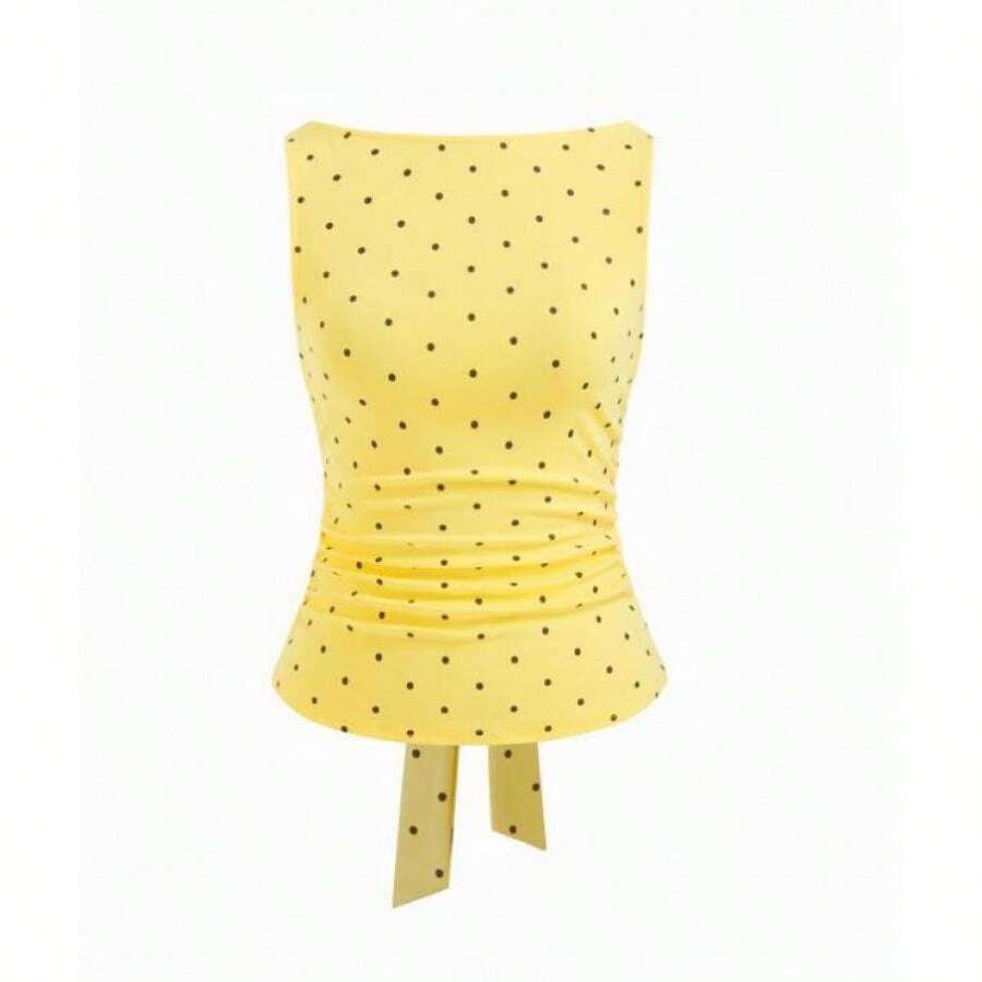 Women Tank Top, Sleeveless Tops Crew Neck Tie-Up Dots Print Slim Fit Summer Clubwear - Yellow - View 1