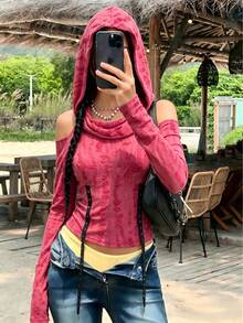 Áo thun dài tay trễ vai màu trơn gợi cảm Top Dazzle Streetwear dành cho nữ - Đỏ - Xem 1