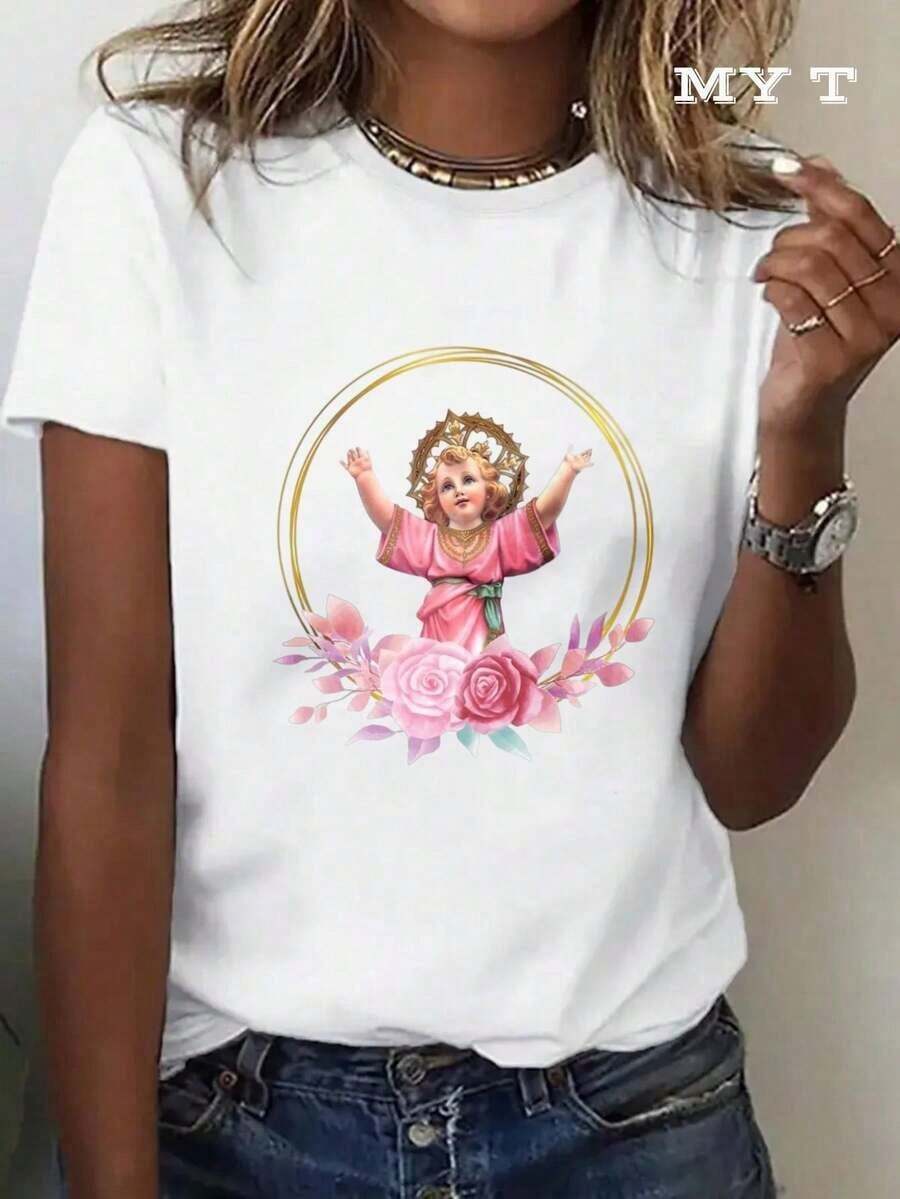 ropa de mujer Camiseta de Fe para Mujer - Estampado Clásico de Patrón Religioso, Blusa Casual de Cuello Redondo, Ropa Religiosa, Adecuada para Regalos en Diversas Festividades - Opción Perfecta para Regalos Religiosos, Camiseta Casual camisas de mujer - Blanco - Ver 1