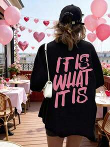 Camiseta Deportiva de Talla Grande para Mujer con Estampado de Letras "It Is What It Is", Cuello Redondo, Manga Corta, Corte Holgado, Top de Verano para Damas con Curvas|   Corte relajado|   Tallas grandes, transpirable y cómodo - Negro - Ver 9