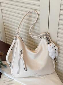 Bolso de hombro de gran capacidad con textura mate retro Merlard 2025, bolso de playa de alta gama, bolso de compras, bolso único con textura, bolso cruzado con cremallera y doble correa - Blanco - Ver 3