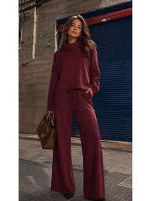 Women's Set In Elegant And Comfortable Ribbed Knit Fabric, Winter Fashion, Chic Blogger Style - 紅木色 - 查看 1