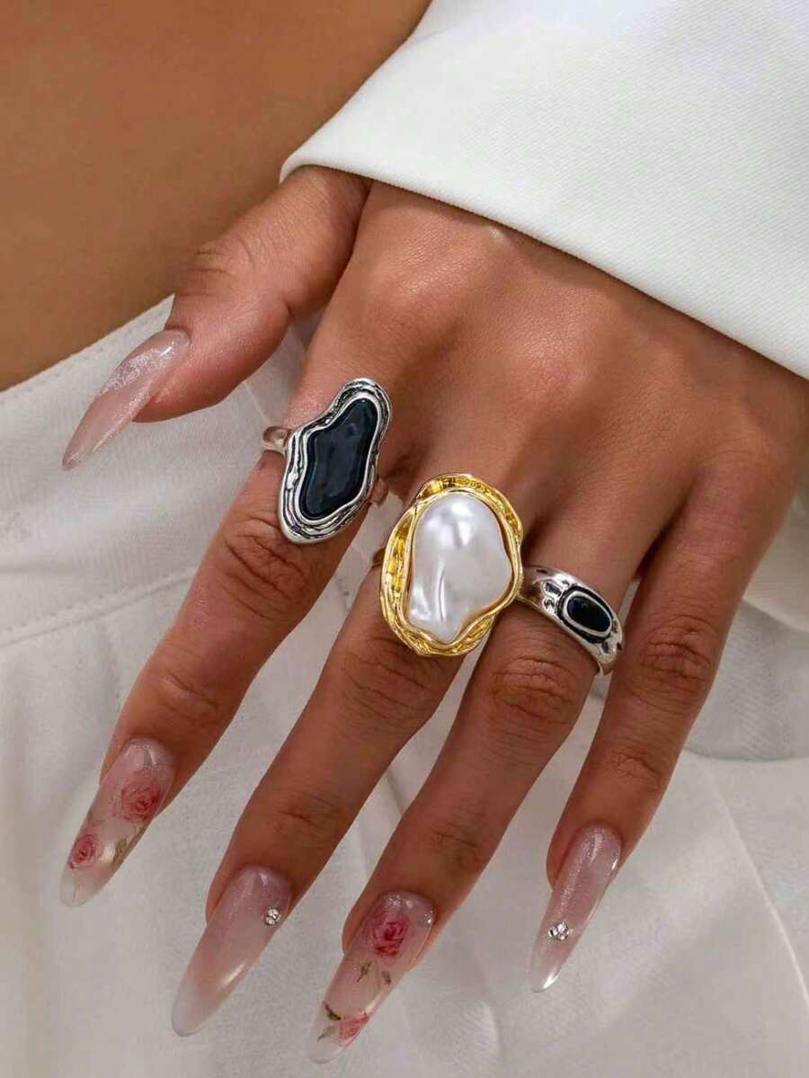 3 Pcs Imitation Baroque Pearl Ring Set For Women, Gold & Silver Plated Stackable Statement Rings With Fresh Water Pearl Dangling, Minimalist Basic Design Jewelry For Daily And Party Wear - Multicolor - View 1