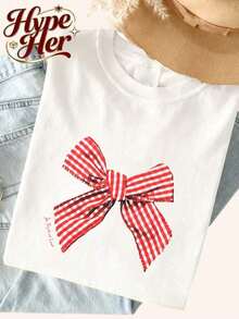 1 pieza de camiseta de manga corta blanca con cuello redondo, estilo casual, holgada y multifuncional para mujer, con diseño de lazo rojo a cuadros, ideal para vacaciones de verano, top moderno para uso diario, adecuada para el uso cotidiano, 180g de algodón 100%. - Blanco - Ver 6