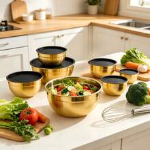 7pcs Mixing Bowls With Lids Set - Stainless Steel Nesting Salad Bowls, Space Saving For Baking Prepping, Gold - Gold - View 2