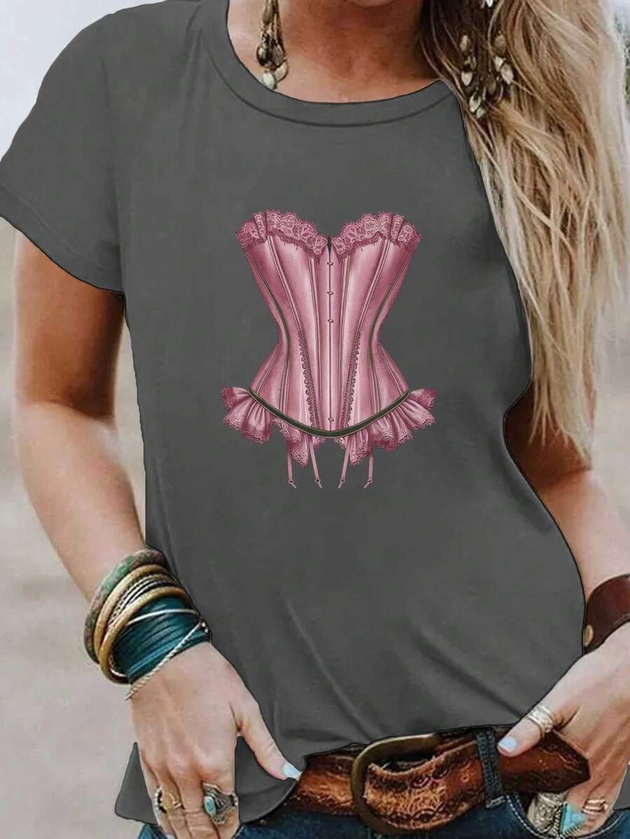 Plus Size - Extra Large Size - Women's T-Shirt, Made Of Pure Cotton, Lightweight And Breathable Fabric, Round Neck Design, Printed Design, Short Sleeve Cut, Suitable For Spring And Summer. - 深灰色 - 查看 1