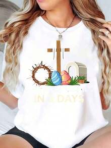 Women's Easter Print T-Shirt: Cross, Crown Of Thorns And Eggs, "He Has Risen." A Lot Can Happen In 3 Days. Everyday Wear, Crew Neck, Short Sleeves, Soft And Comfortable, 220gsm. - 白色 - 查看 1