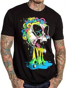 Playera Gráfica De Calavera De Dibujos Animados Para Hombres Elegante Estampado Digital 3D, Cómoda Y Ligeramente Elástica, Cuello Redondo, Ideal Para Usar En Verano Al Aire Libre - Oscuro - Ver 1