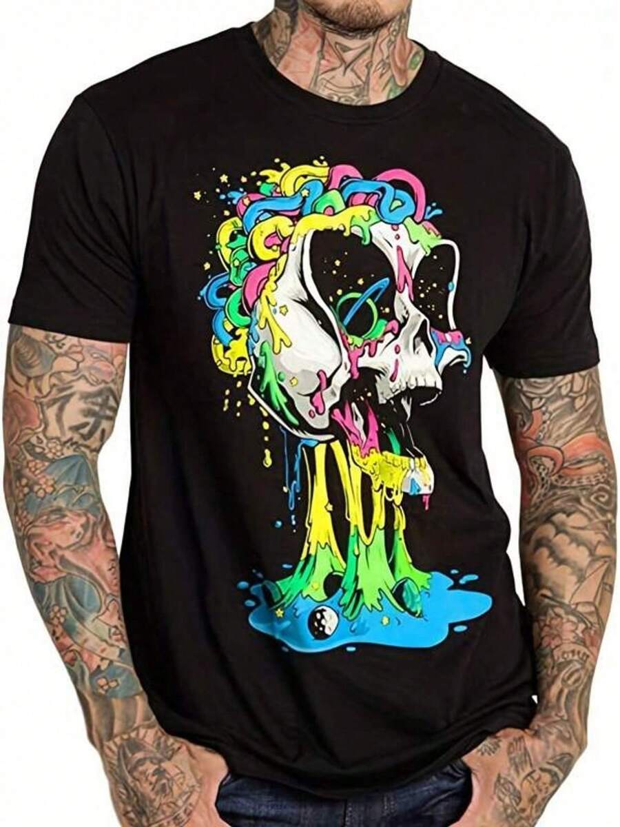Playera Gráfica De Calavera De Dibujos Animados Para Hombres Elegante Estampado Digital 3D, Cómoda Y Ligeramente Elástica, Cuello Redondo, Ideal Para Usar En Verano Al Aire Libre - Oscuro - Ver 1