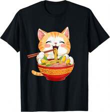 T-Shirt With Japanese Cat Eating Ramen Design - Cute Anime Style - Black - View 3