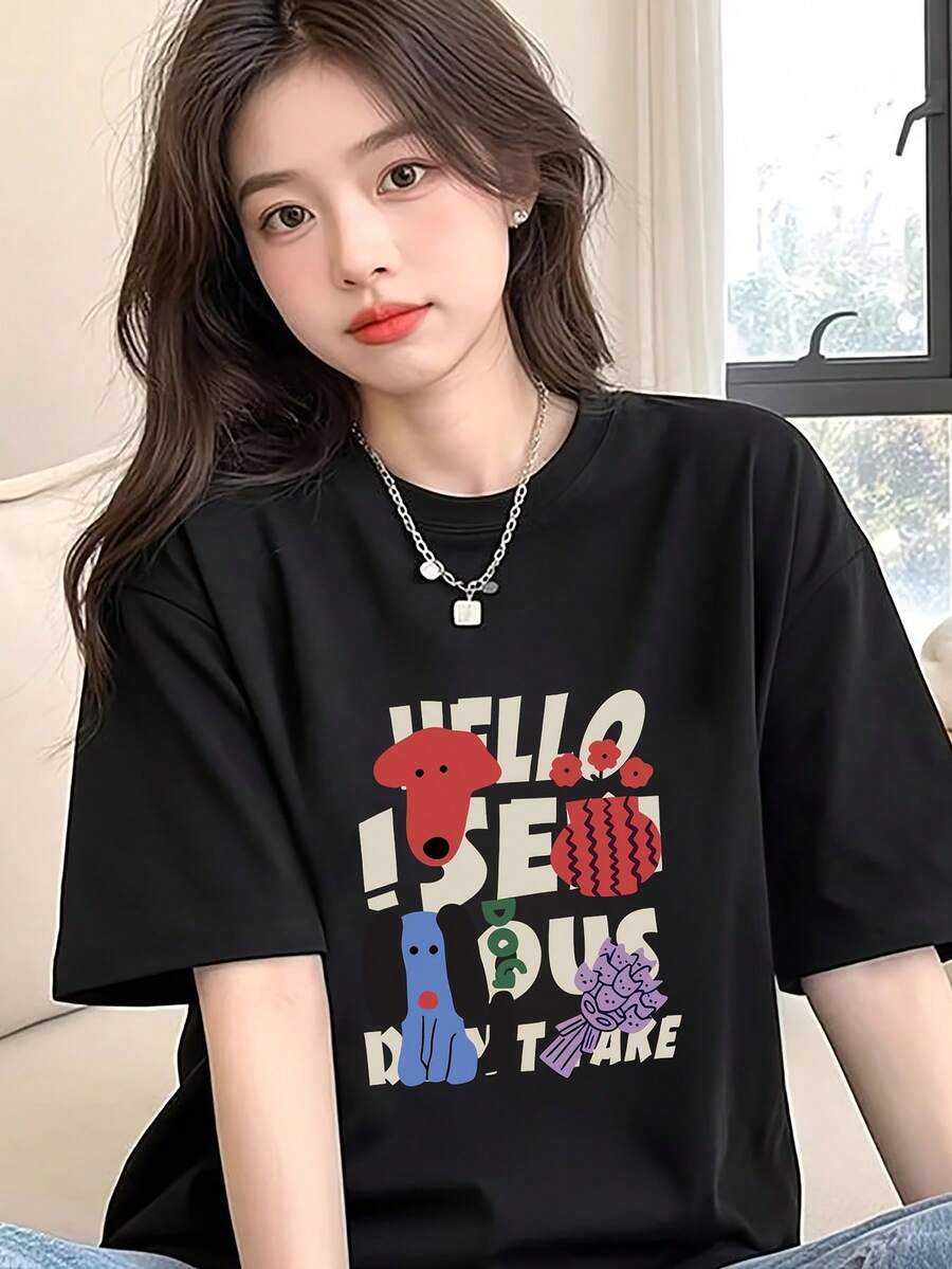 Camiseta de manga corta con estampado de letras y cachorros coloridos estilo Y2K para mujer, nueva, moderna, versátil, holgada, cuello redondo, top Y2K. 6OP5 - Negro - Ver 1