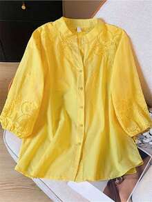 Blusa ligera y semitransparente con escote en V y bordados, para atuendos de verano, estilo campestre casual para vacaciones - Amarillo - Ver 4