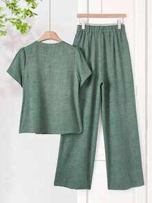 Conjunto informal de top de manga corta de cuello redondo y pantalones a rayas - Burdeos - Ver 2