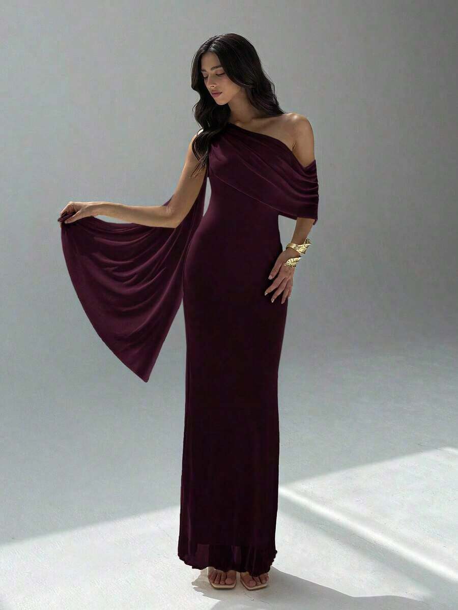 Vestido asimétrico de hombro de unicolor elegante para mujer - Granada - Ver 1