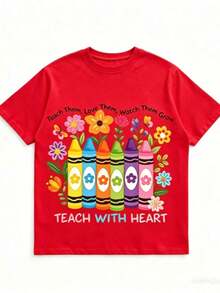 Mexican Basics | 100% Pure Cotton And Breathable | Plus Size Teacher Appreciation T-Shirt - Heart Teaching Graphic, Pastel Colors - Soft And Breathable Cotton Daily Gift For Teachers For Teacher's Day, Back To School - Casual Teacher Clothing, Unisex Summer Top New Launch - 紅色 - 查看 4
