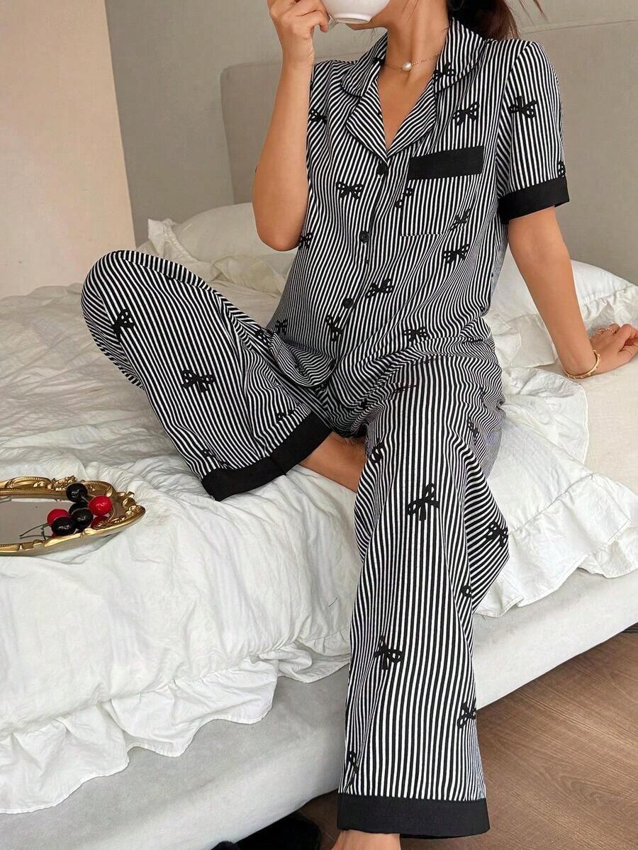 Napfluff Pyjama Set With Short Sleeve Top With Red Button And Striped Pants With Contrasting Color Bow; Pink Striped Pyjama Set With Printed Bow, Suitable For Home Use - Black - View 1