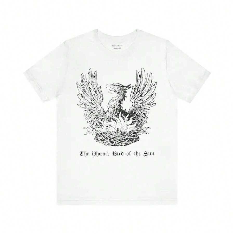T-Shirt With Sun Bird, Phoenix, Creature, Vintage Gothic T-Shirt, Gothic T-Shirt, Medieval Woodcut T-Shirt, Unisex Short Sleeve T-Shirt - 白色 - 查看 1