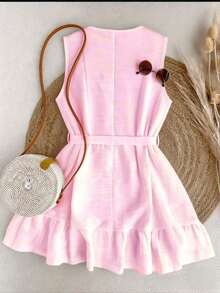 Vestido mini de mujer con cuello en V sin mangas, cintura con lazo y dobladillo con volantes, adecuado para primavera, verano, otoño e invierno, apropiado para citas, casual elegante, ir al trabajo, vestido de resort para mujer, atuendo de oficin - Rosa - Ver 2