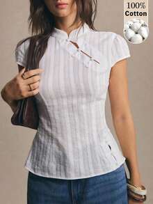 Blusa elegante con hebilla Pipa, estilo chino nuevo, para verano - Blanco - Ver 2
