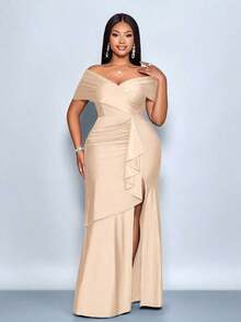 Vestido elegante de color azul marino con hombros descubiertos y volantes en el bajo para mujer de talla grande, adecuado para fiestas de Navidad, vacaciones, citas y San Valentín, atuendos de club sexy, vestido largo, vestido elegante para mujer, vestido de fiesta, vestido formal, vestido blanco, vestido de noche de lujo para mujer, vestido para invitada de boda, 2026, Año Nuevo - Albaricoque - Ver 6
