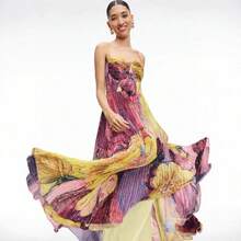 Vestido de noche nuevo para mujer, tirantes sin tirantes tipo bustier con estampado floral, pliegues y cintura marcada - Dorado - Ver 13