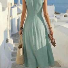 YijiaNvz  Vestido casual sin mangas de color verde oliva para mujer con diseño de cintura cruzada, estilo minimalista que muestra elegancia, adecuado para uso diario, té de la tarde, reuniones casuales y viajes de negocios ligeros - Azul - Ver 3