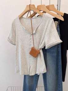 Camiseta de manga corta con botones, estilo minimalista retro casual Mori Girl para mujer - Gris - Ver 1
