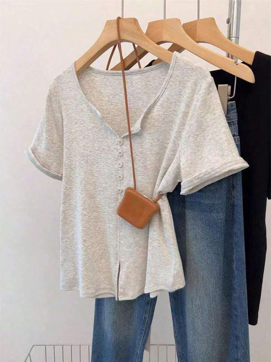 Camiseta de manga corta con botones, estilo minimalista retro casual Mori Girl para mujer - Gris - Ver 1