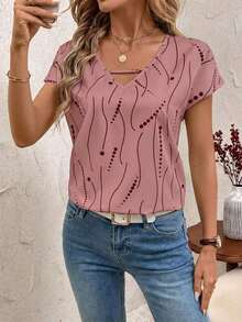 Blusa de mujer con detalles de rayas de contraste y calados, top de manga corta - Rosa 2 - Ver 6