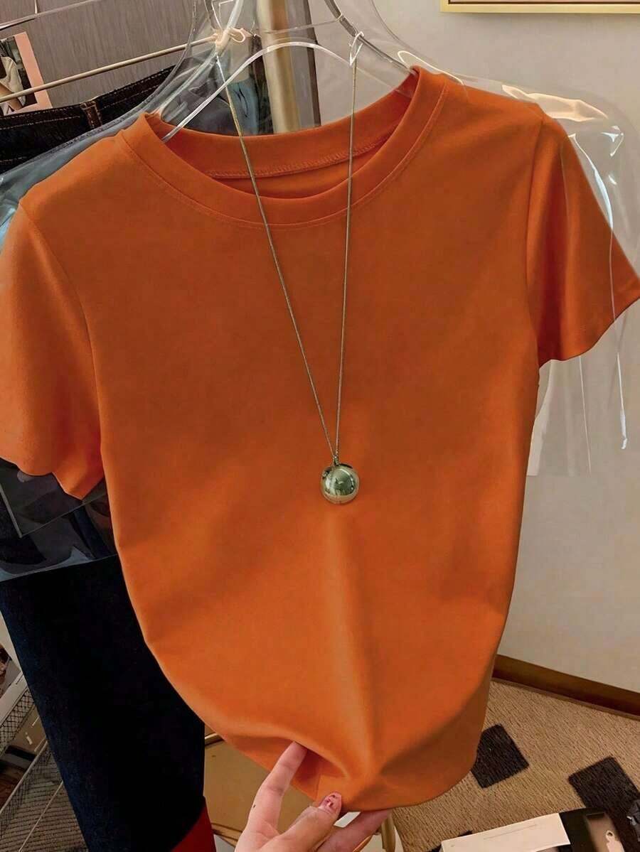 Camiseta de mujer casual de unicolor con cuello redondo y manga corta - Óxido marrón - Ver 1