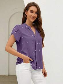 Blusa de mujer de escote en V con estampado de corazón y mangas con volantes para el verano y la playa - Morado - Ver 4