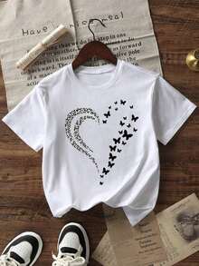Camiseta Oversize con Estampado de Corazón de Estampado Animal y Mariposas, Estilo Y2K Aesthetic Cool Girl, Top Casual de Verano con Diseño Romántico y Creativo, Camiseta de Algodón para Amantes de la Moda Dulce y Creativa, Uso Diario y Salidas, Estilo Único para Hombres y Mujeres(Sweet and refreshing, for teenagers, unisex) - Blanco - Ver 3