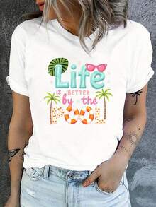 Camiseta casual de manga corta y cuello redondo, estampada con las palabras "La vida es mejor en la piscina", perfecta para el verano y la primavera, diseñada para mujeres. - Blanco - Ver 1