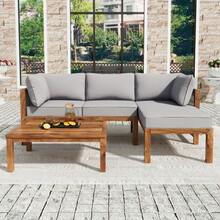 Garden Lounger Set (3 Pieces), Acacia Wood Frame, Grey Rope Armrests, L-Shaped Garden Furniture Set With Adjustable Legs, 2 Two-Seater Armchairs And 1 Table (Previous Reference: HW24015AAA) - 灰色 - 查看 3
