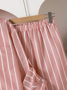Left Mama Casual Striped Long Sleeve Shirt And Pants Set For Tween GirlsSpring/Autumn, School Style - Pink - View 4
