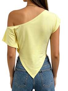 Womens Off One Shoulder Tops Solid Color Slim Fit Short Sleeve Asymmetrical Pointed Hem T-Shirt - Yellow - View 4