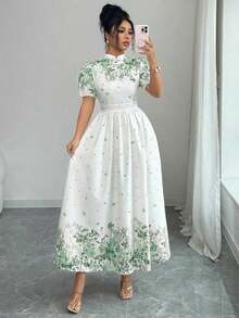 sfvsElenzga Vestido elegante de mujer con estampado floral, cuello alto y mangas cortas con pétalosvfdw HAFL - Verde - Ver 6