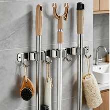 Heavy Duty Wall Mounted Stainless Steel Broom Holder – For Home, Bathroom, Kitchen Storage, Laundry Room, Balcony, Garage Organization. Broom And Mop Holder. Multifunctional Wall Mount Storage Rack For Cleaning Tools, Garden Tool Organizer, Rake And Shovel Handle Holder. Self-Adhesive Waterproof Storage Organizer. Silver - A - View 3