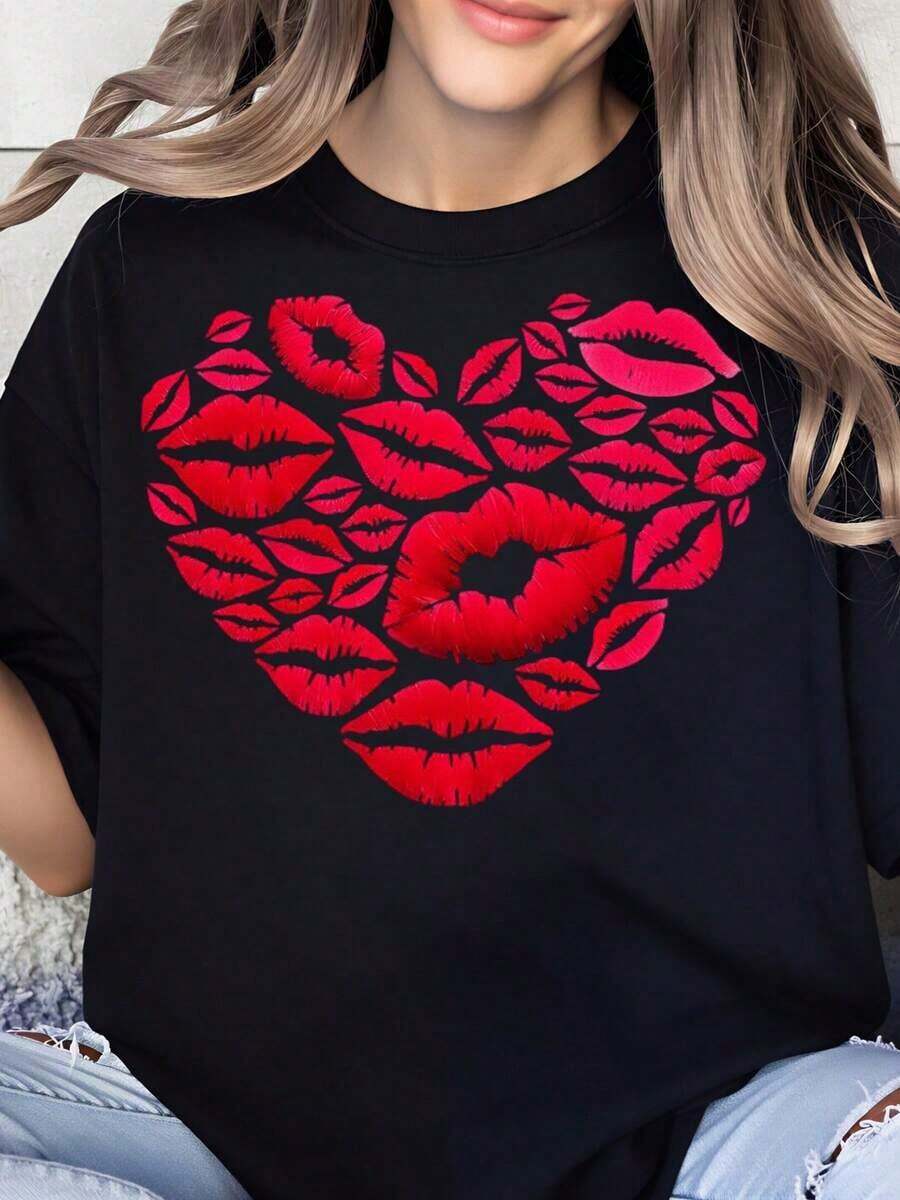 Camiseta con Estampado de Labios en Forma de Corazón para Mujer, Regalo para el Día de San Valentín, Romántica, Linda, a la Moda, Ropa Casual con Tema de Amor - Negro - Ver 1
