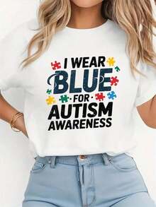 Concientización sobre el Autismo: Llevo Azul por Mi Hermana, Hermano, Niño Pequeño - Camiseta con Estampado Gráfico, Camiseta Sólida, Camiseta Casual de Manga Corta para Mujer para Primavera y Verano, Camisetas Gráficas para Mujer - Blanco - Ver 7