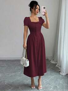 xheElenzga Vestido de manga larga de primavera/verano para mujer con cuello vuelto elegante trapezoidal, botones en la cintura, falda en línea A con pliegues y bajo con aberturaxhe - Granada - Ver 8