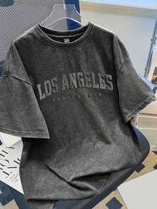 Camiseta de manga corta de hombre oversize con estampado gráfico vintage en color negro jaspeado de Los Ángeles, regalo para novio, para salir - Negro 4 - Ver 1