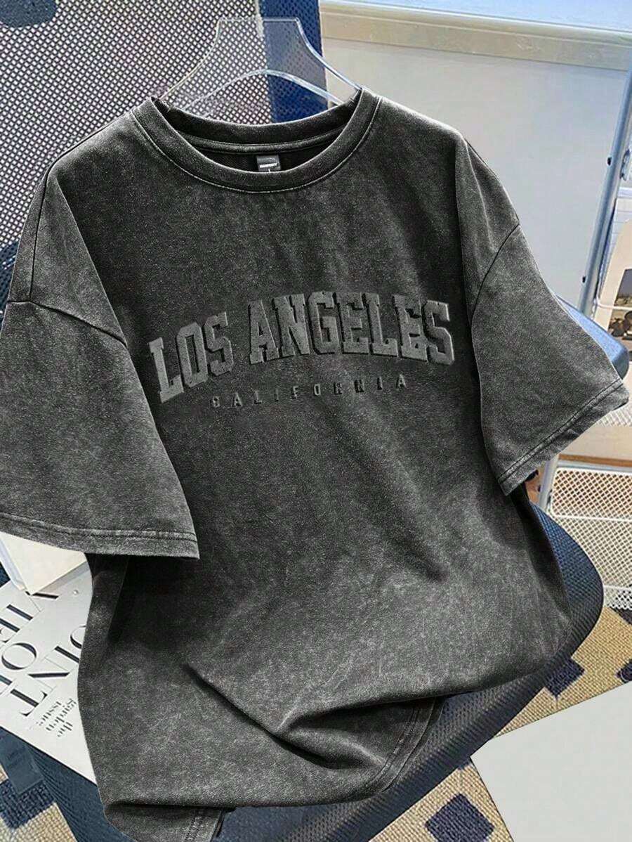 Camiseta de manga corta de hombre oversize con estampado gráfico vintage en color negro jaspeado de Los Ángeles, regalo para novio, para salir - Negro 4 - Ver 1